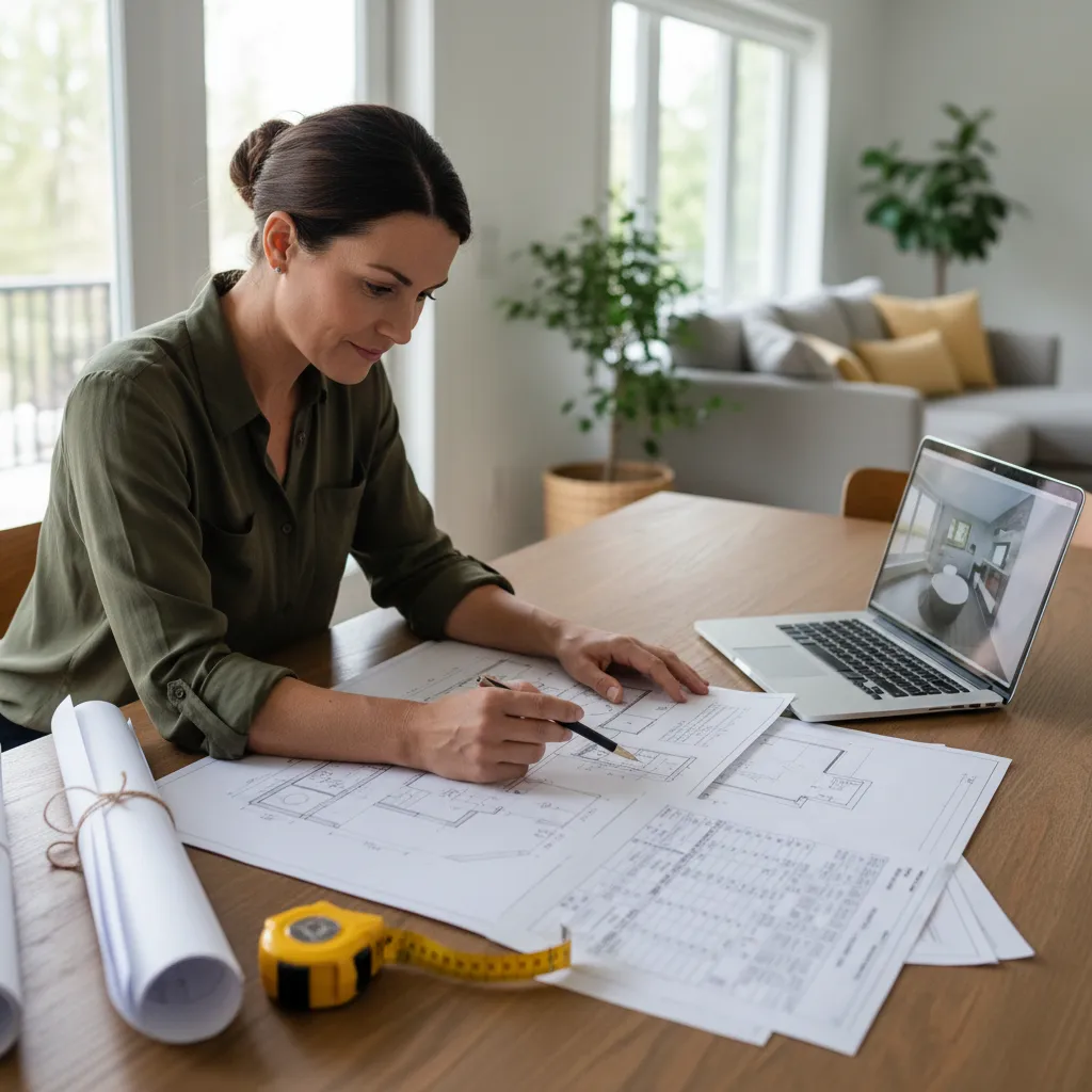 homeowner reviewing bathroom renovation plans and documents at table