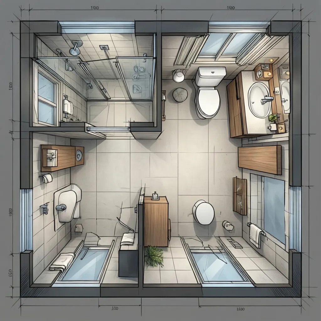 Simple bathroom renovation floor plan layout showing shower and accessibility space