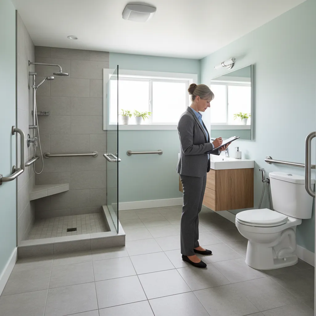 housing inspector reviewing newly renovated accessible bathroom