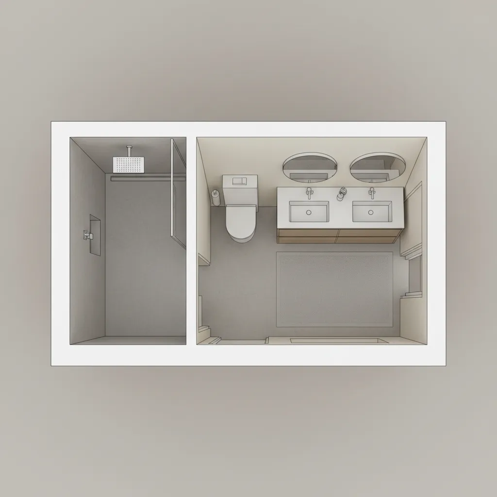 3D bathroom layout plan showing shower, toilet and sink placement