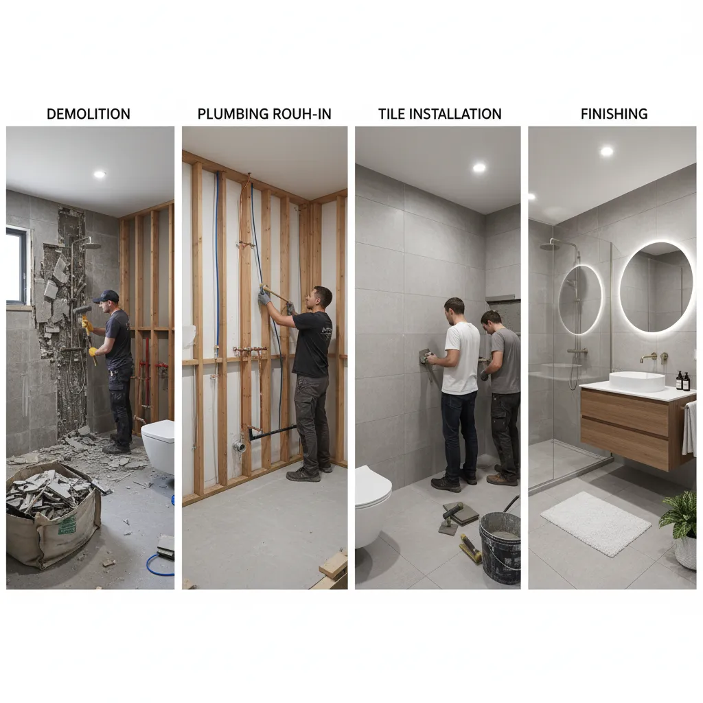 bathroom renovation construction stages showing plumbing tiling and installation progress