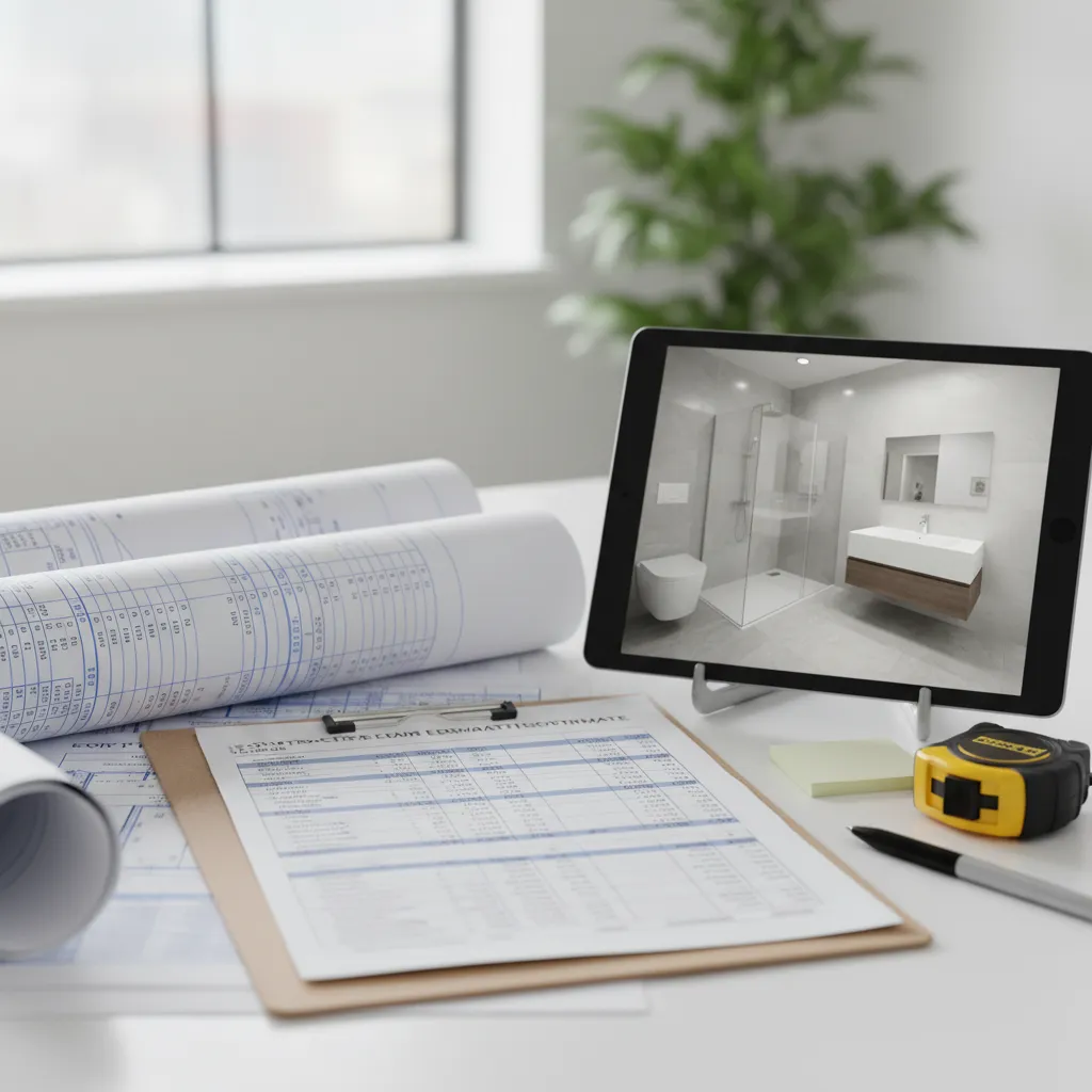 bathroom renovation proposal documents including layout drawings contractor estimates and photos