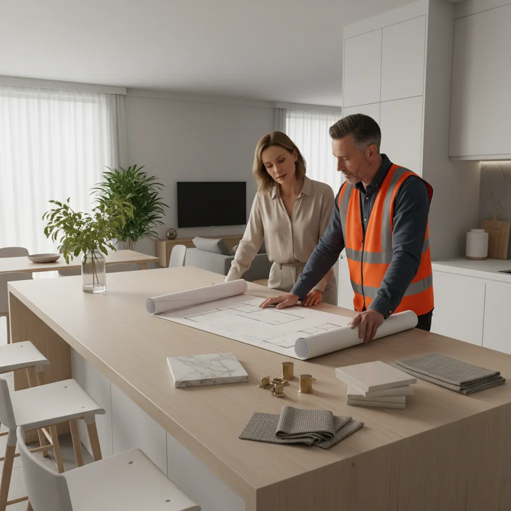 homeowner and contractor reviewing bathroom renovation plans in modern interior