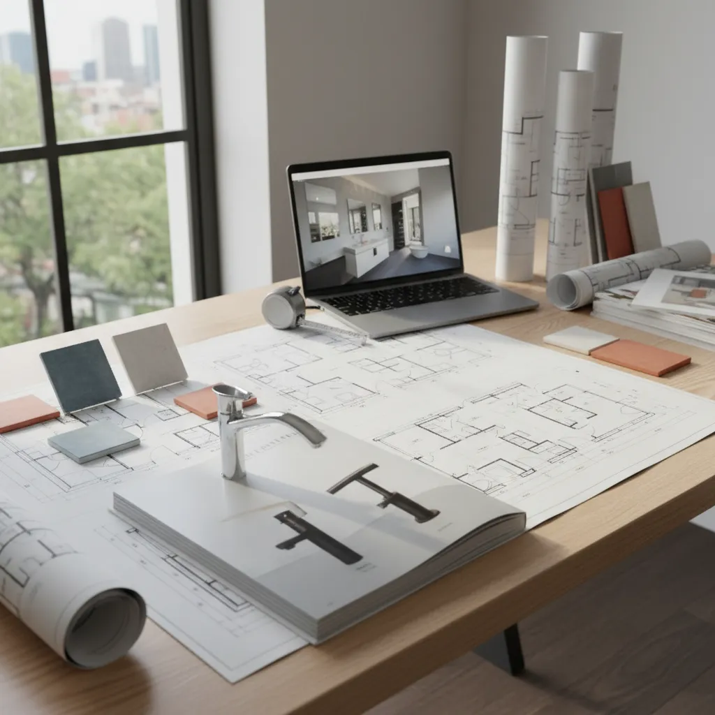 Bathroom renovation plans, material samples, and contractor documentation on a planning desk