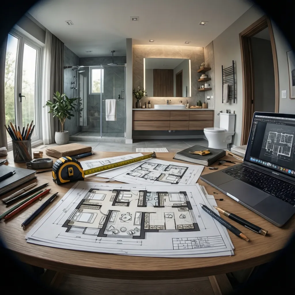 bathroom renovation planning documents and layout sketches on a work desk