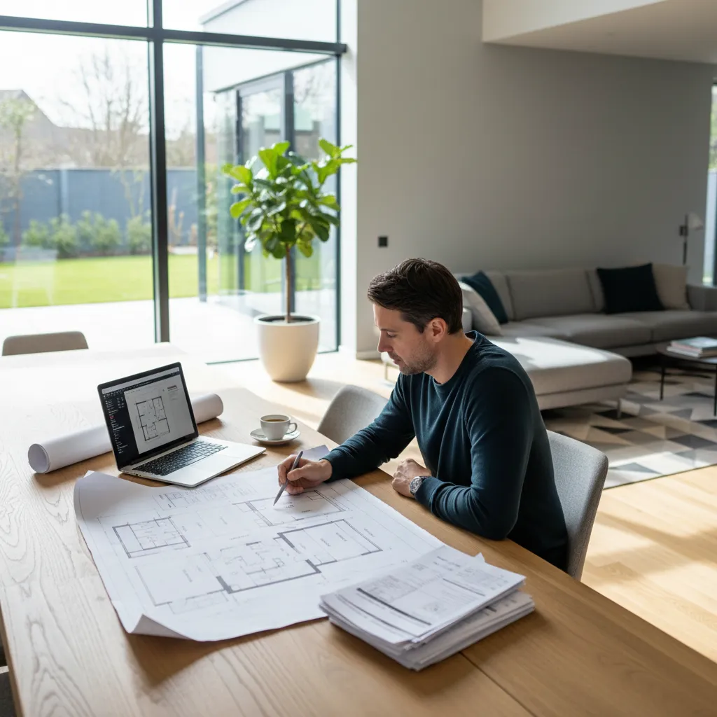homeowner reviewing bathroom renovation paperwork and contractor estimate
