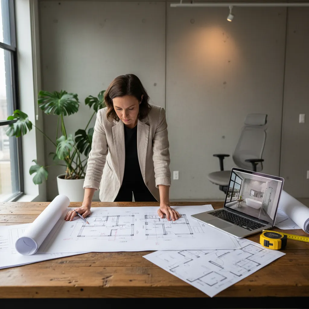 designer reviewing bathroom renovation floor plan for grant compliant remodel