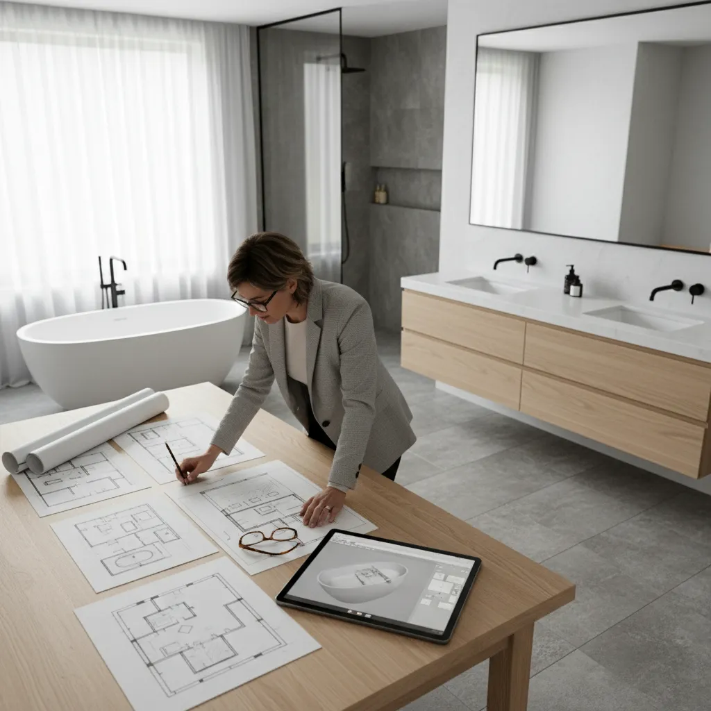 Designer reviewing bathroom renovation layout plans on a table with a modern bathroom in background
