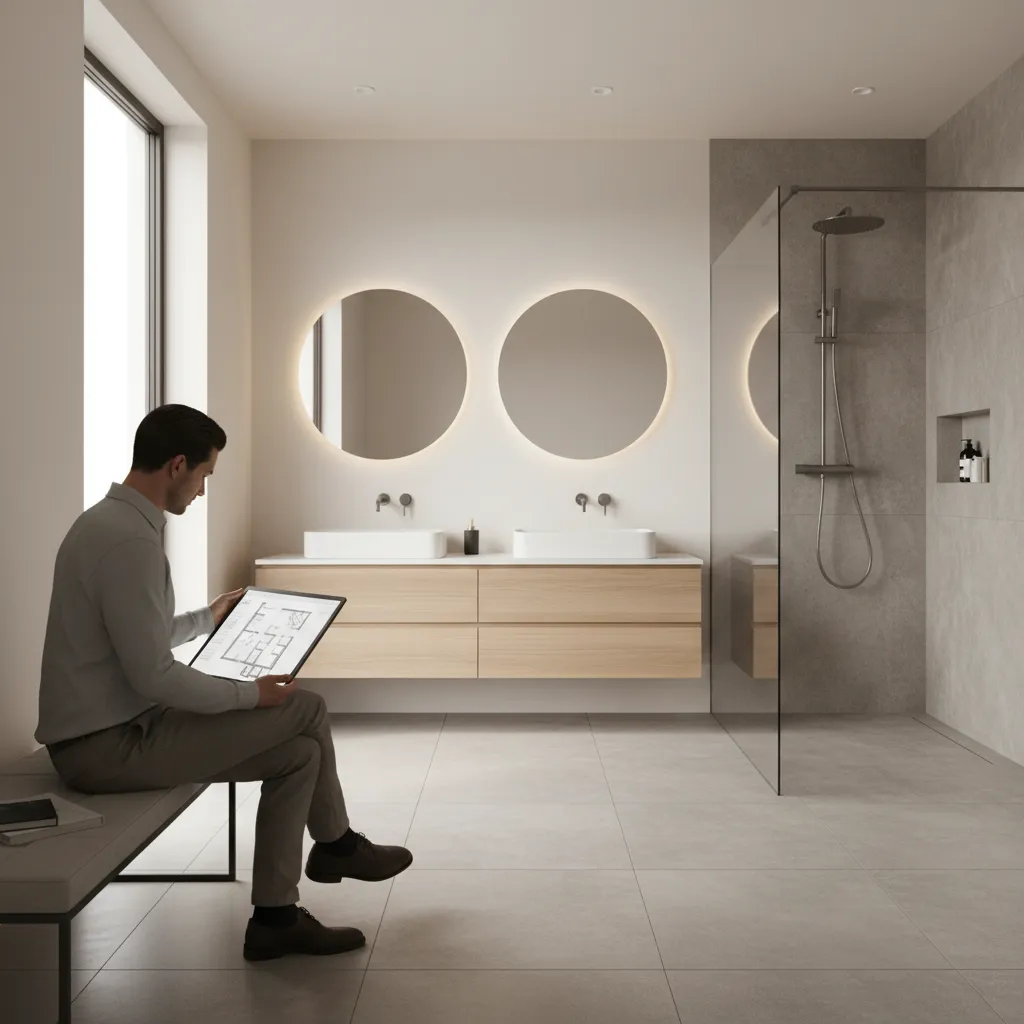 Homeowner reviewing bathroom renovation layout plans on a tablet in a modern bathroom space