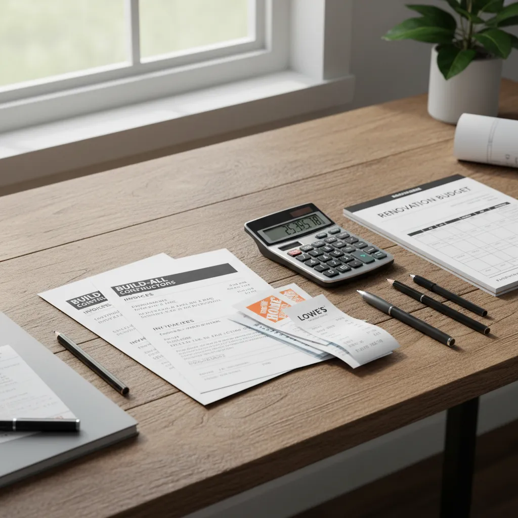 contractor invoices and renovation receipts organized on desk