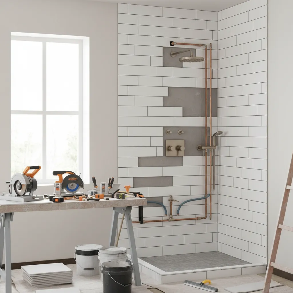 Bathroom under renovation showing tile installation and plumbing work