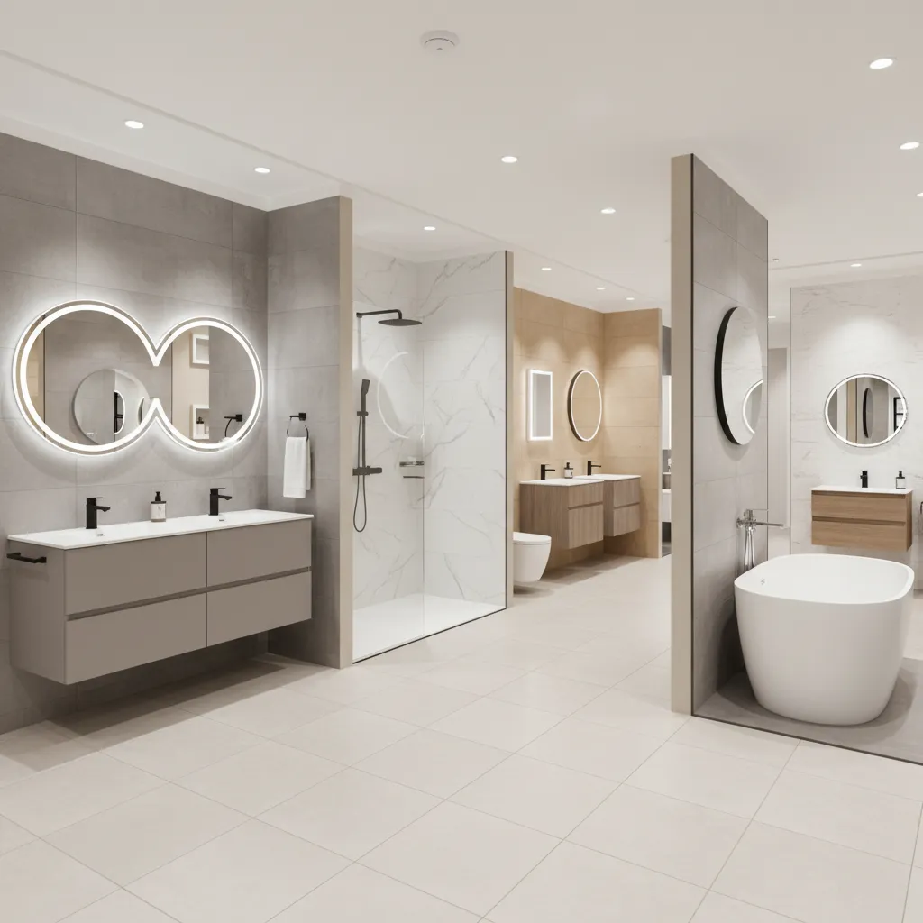 bathroom remodeling showroom with multiple vanity and shower displays