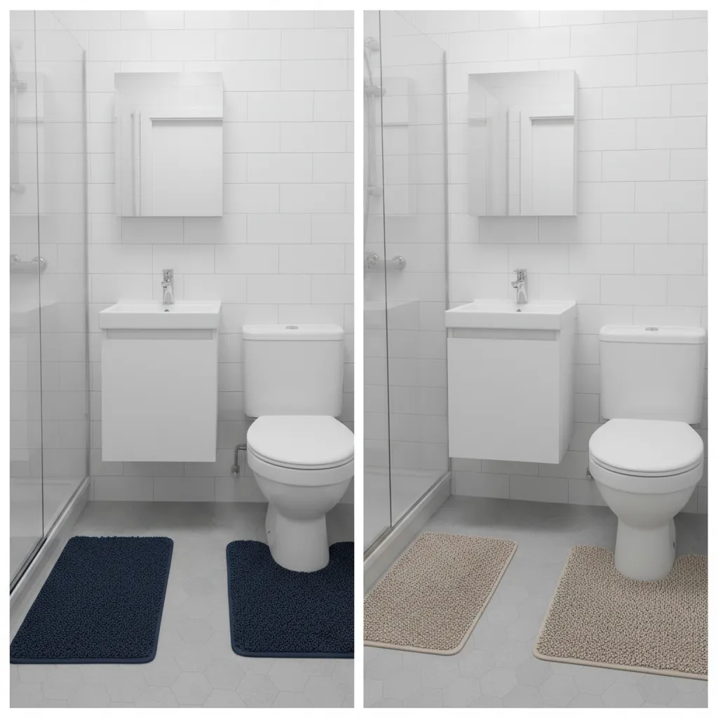 Side by side comparison of blue and beige bathroom rugs in small bathroom