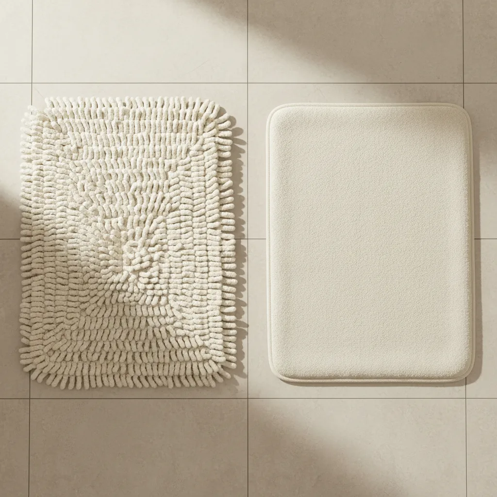 Different bathroom rug materials cotton chenille microfiber and memory foam displayed side by side
