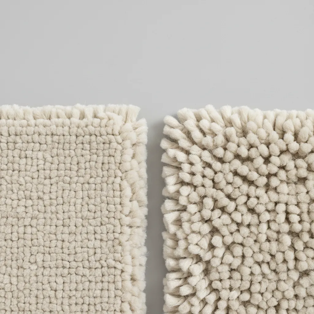Close up textures of cotton microfiber and chenille bathroom rug materials