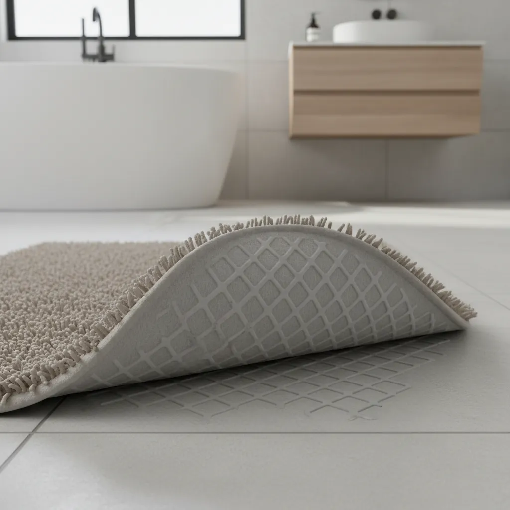 installing non slip rug pad under bathroom rug on tile floor