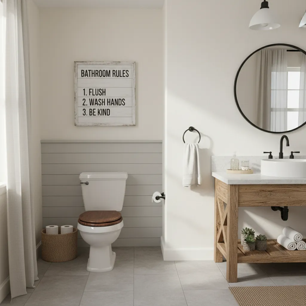 Small guest bathroom with framed bathroom rules sign wall decor