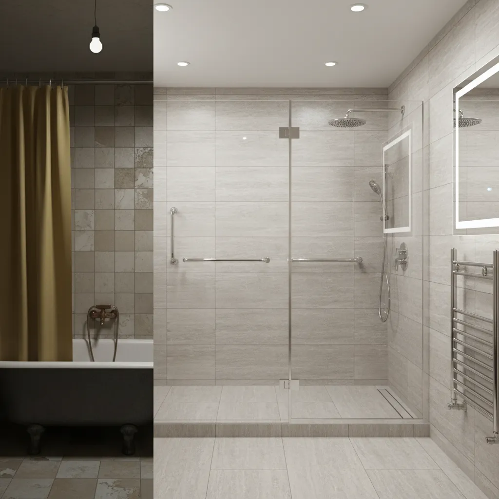 comparison of unsafe old bathtub and upgraded accessible walk-in shower