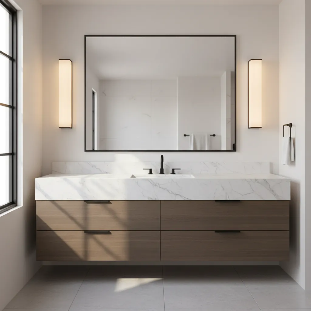 Bathroom vanity with vertical wall sconces beside mirror