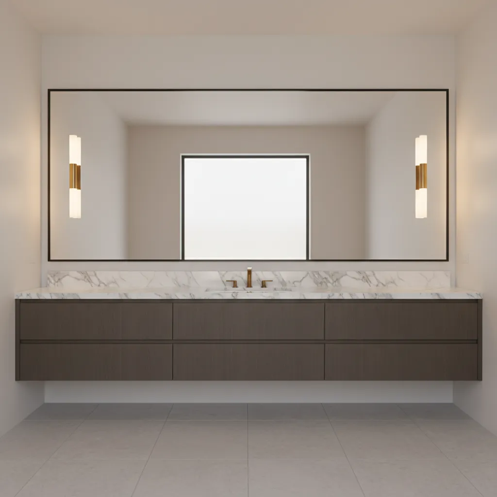 Bathroom mirror framed by two wall sconces for balanced lighting