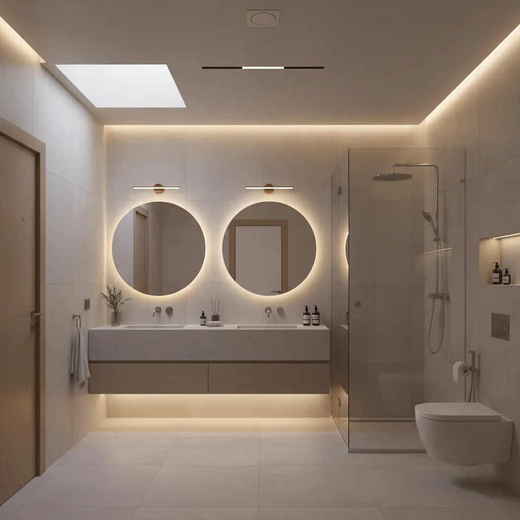 Modern bathroom featuring two round lighted mirrors double sink vanity glass shower and warm lighting