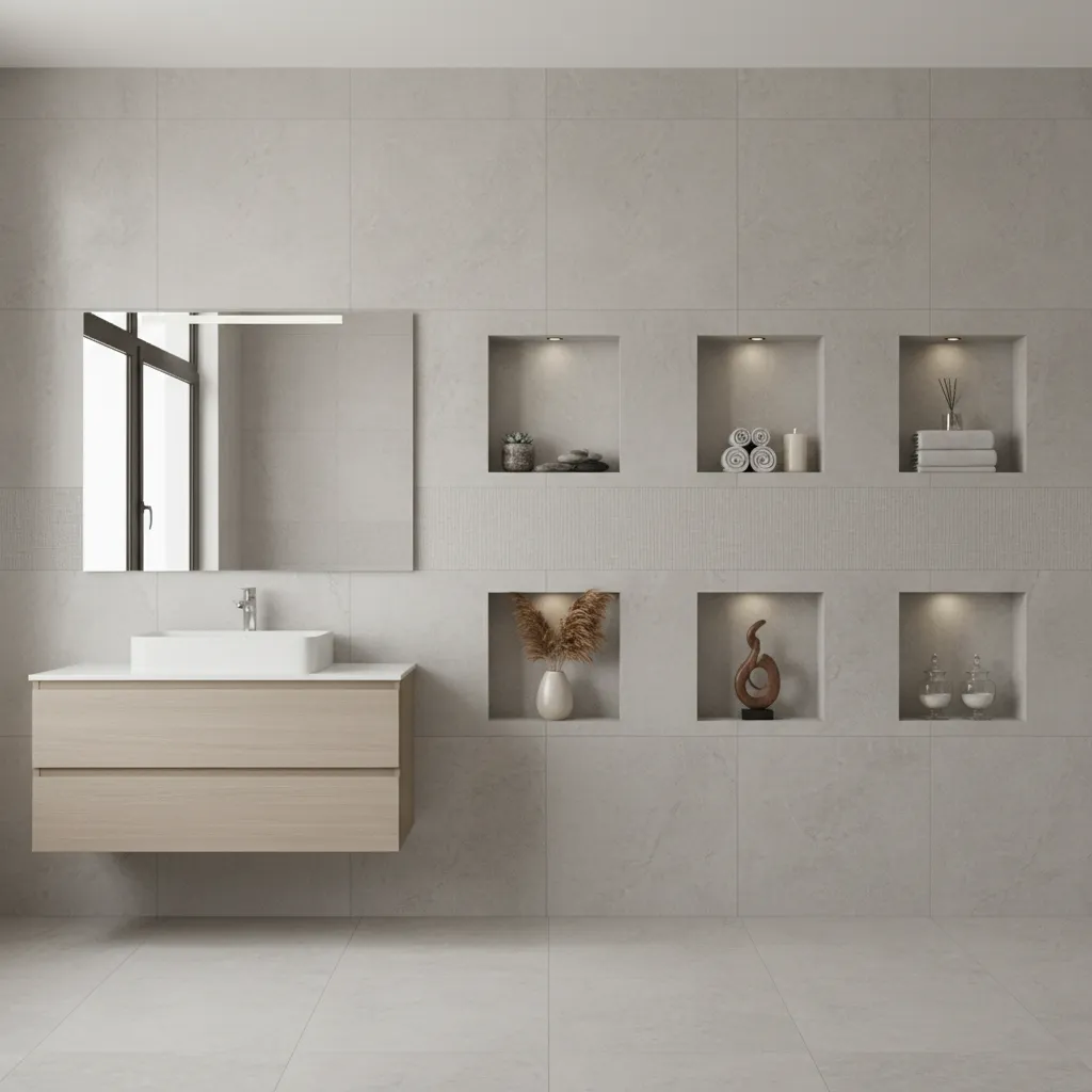 Modern bathroom focal wall with decorative shadow box niches