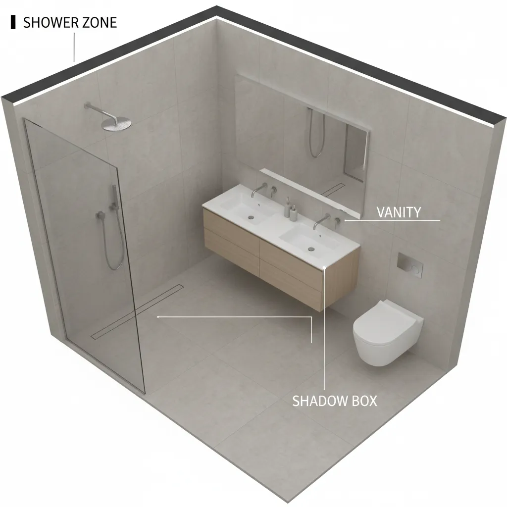 diagram style bathroom wall layout showing safer shadow box placement away from shower