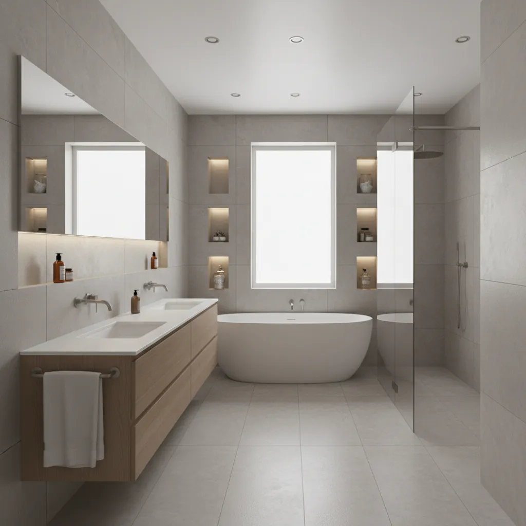Bathroom layout visualization showing wall niches and vanity placement
