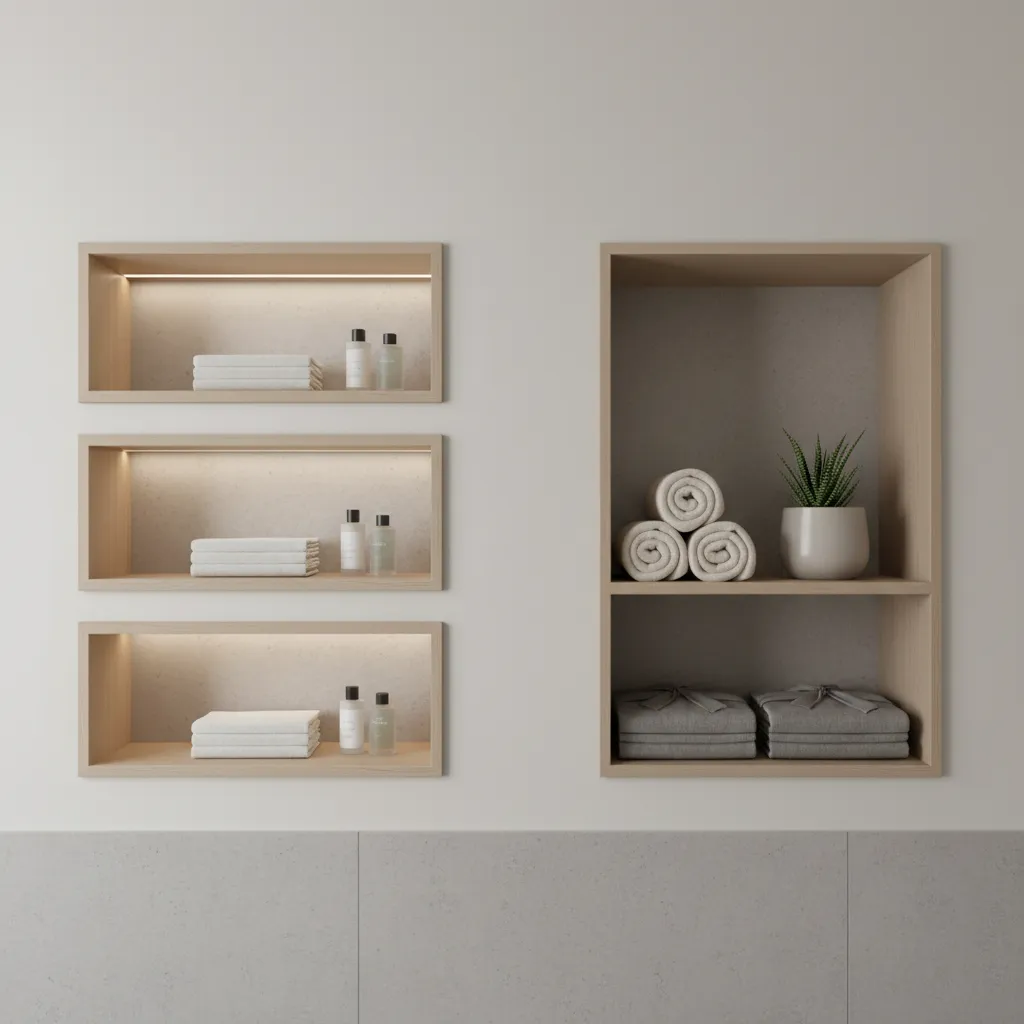 Comparison of shallow and deep shadow boxes on a bathroom wall