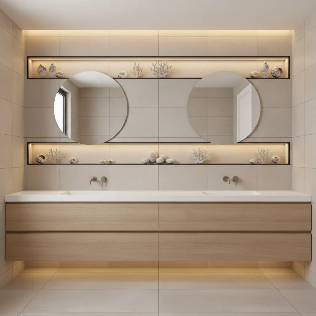 decorative bathroom wall with shadow box display above vanity