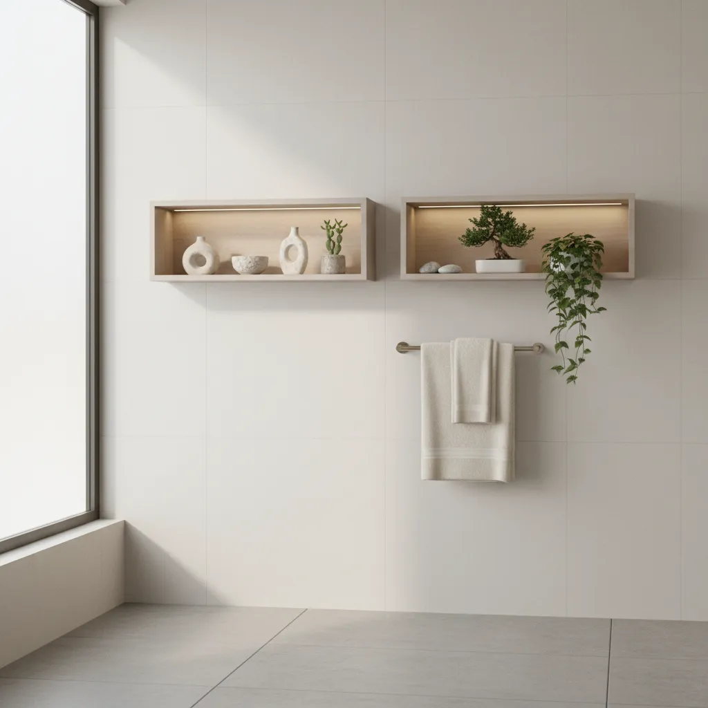 small bathroom wall featuring minimalist shadow box decor arrangement