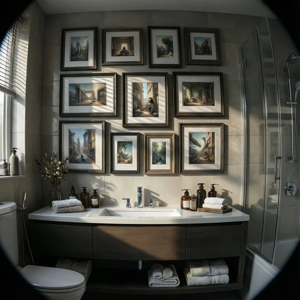 Bathroom wall layout showing multiple shadow boxes arranged vertically