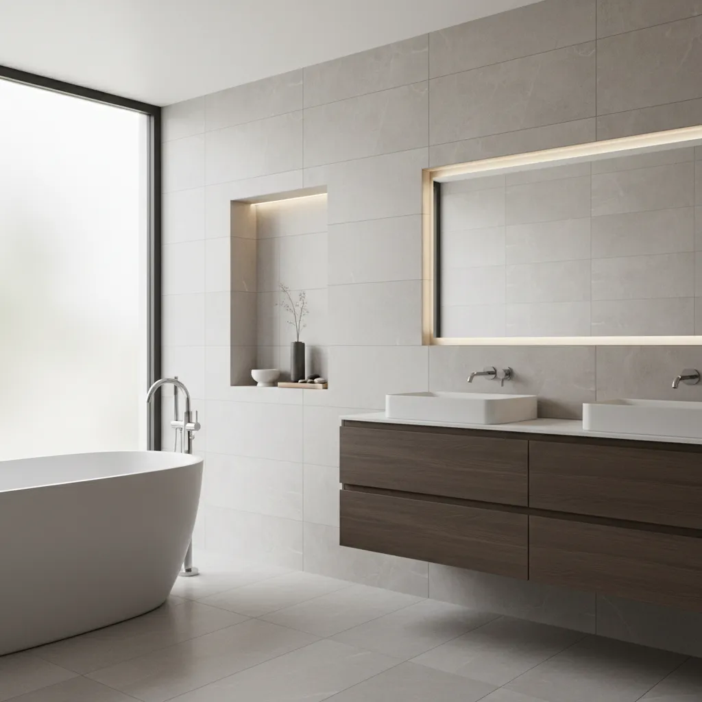 Contemporary bathroom wall with recessed shadow box niche display