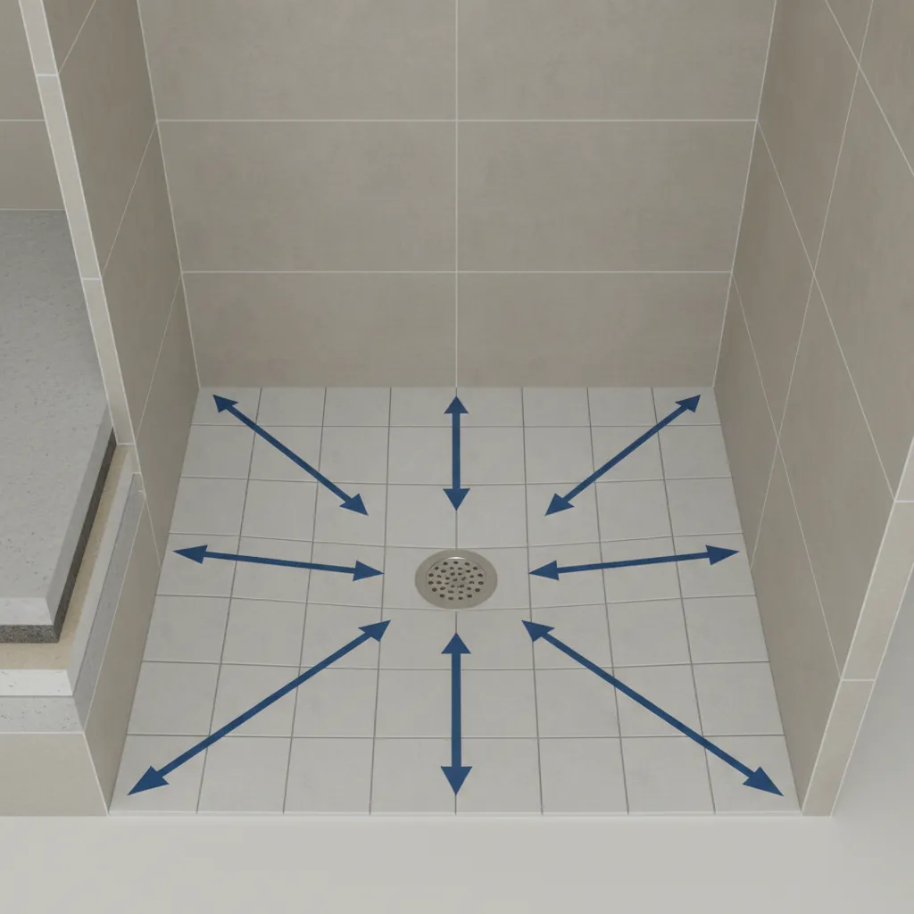 diagram showing correct shower drain placement and floor slope in small bathroom