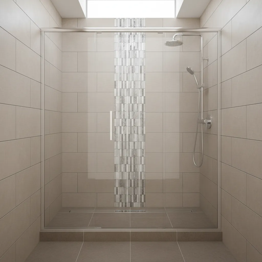 Shower wall with vertical highlight tile strip design