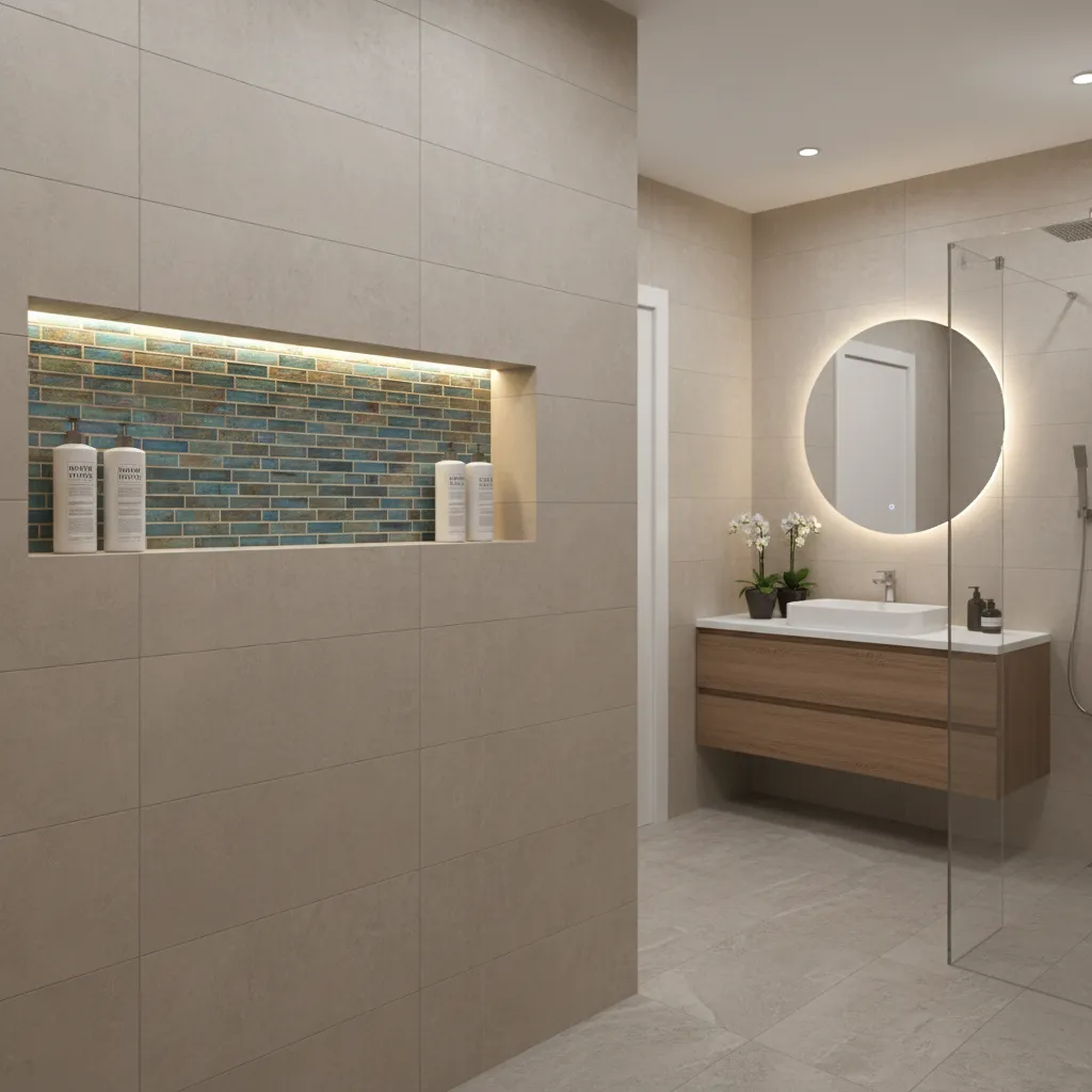 Shower niche highlighted with contrasting mosaic tiles