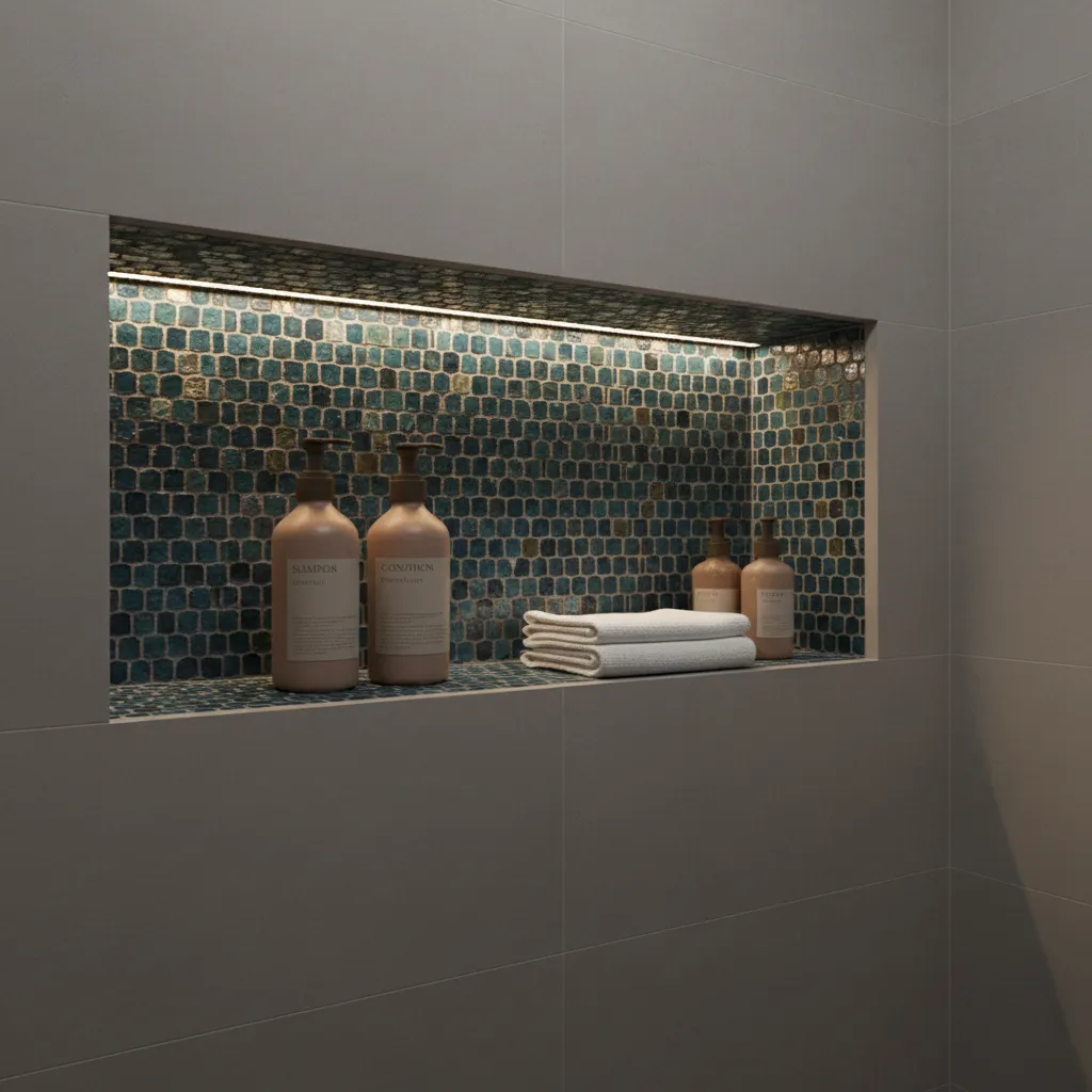 shower niche with mosaic highlight tiles contrast