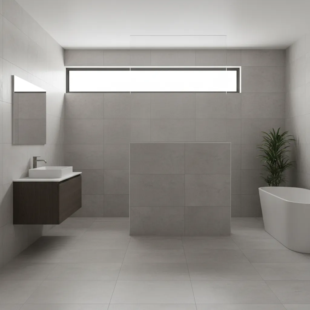 Modern walk-in shower with tiled pony wall divider