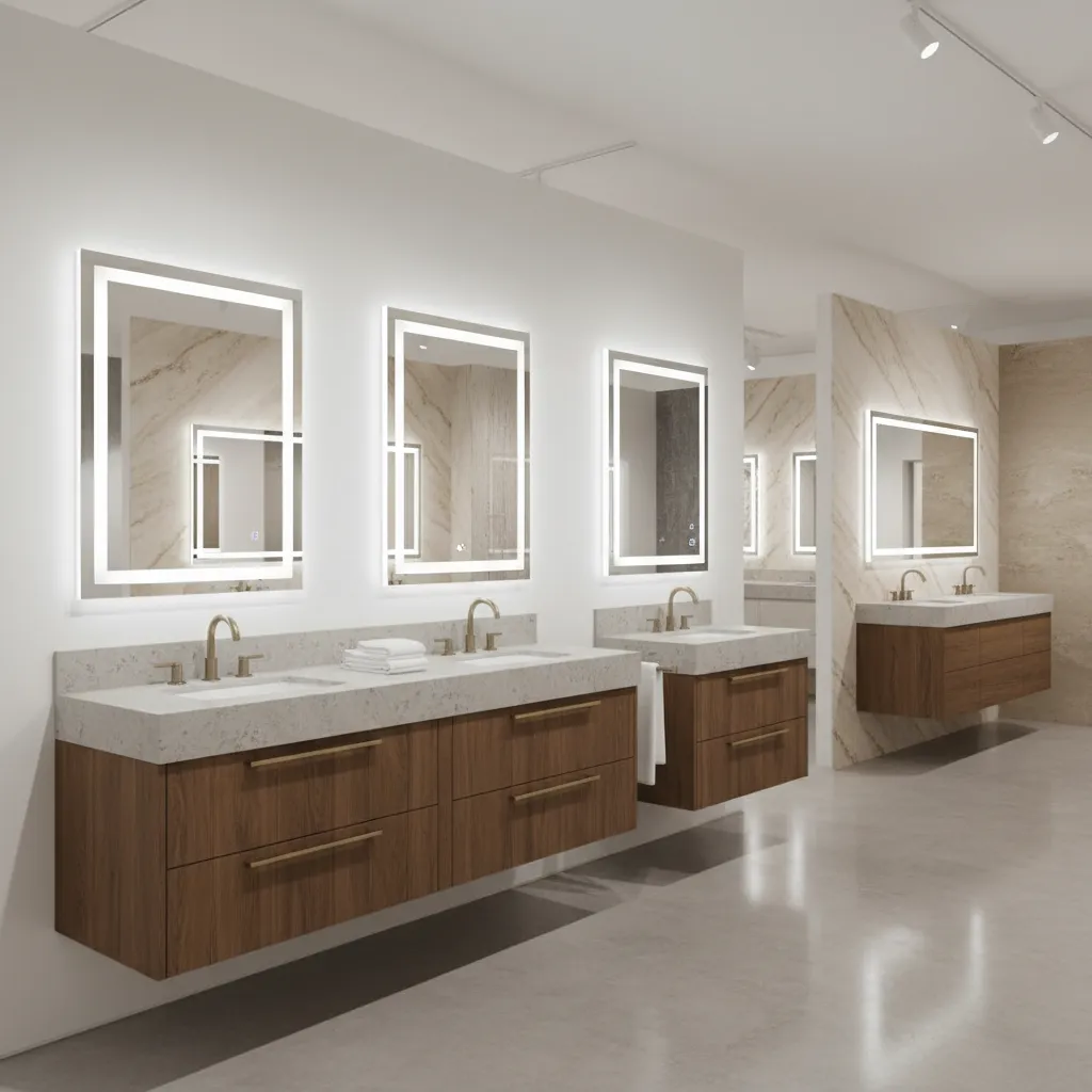 modern bathroom showroom with floating vanities and mirrors on display