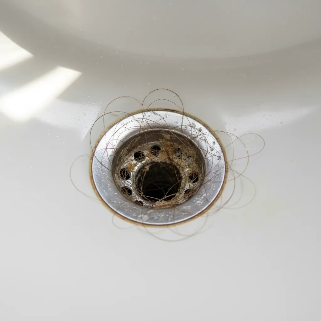 Bathroom sink drain clogged with visible hair and soap buildup