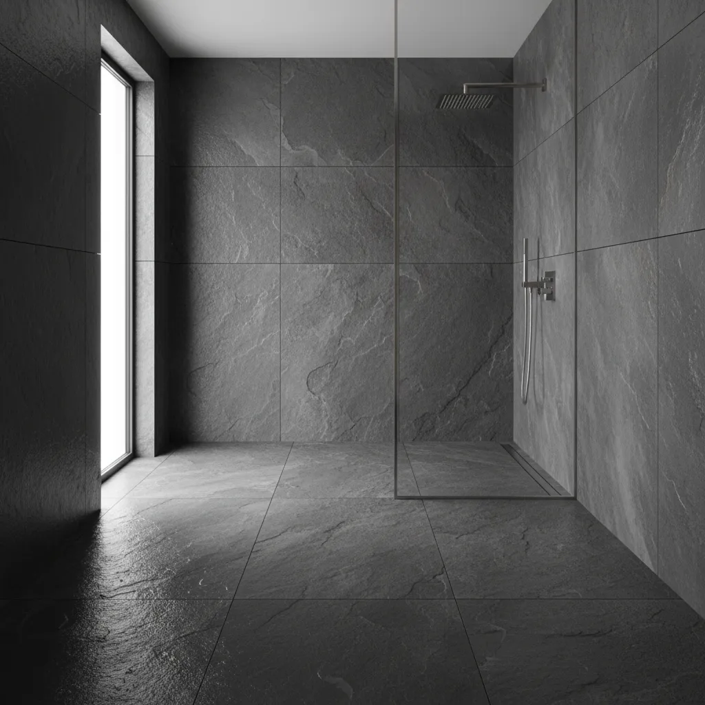 Textured slate tile bathroom floor providing slip resistance