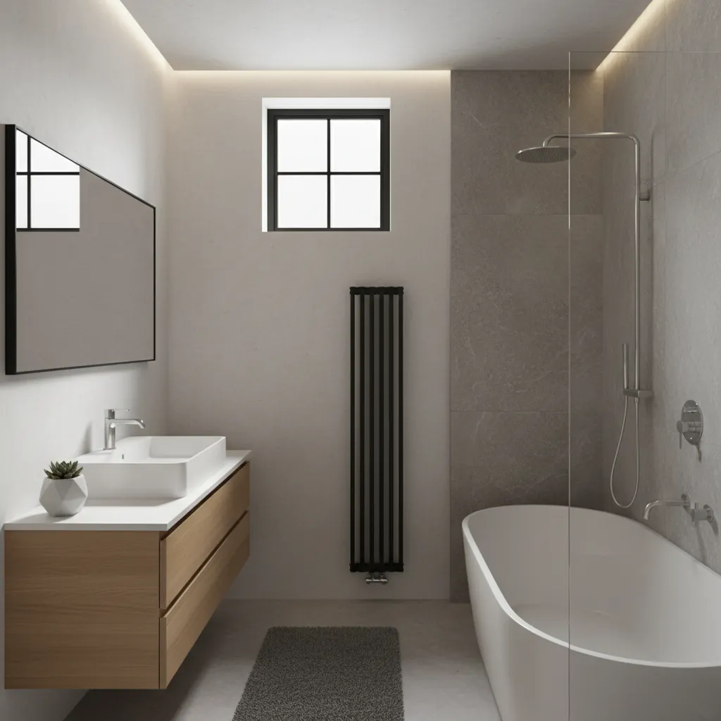 Baño moderno con pequeña ventana metálica para ventilación