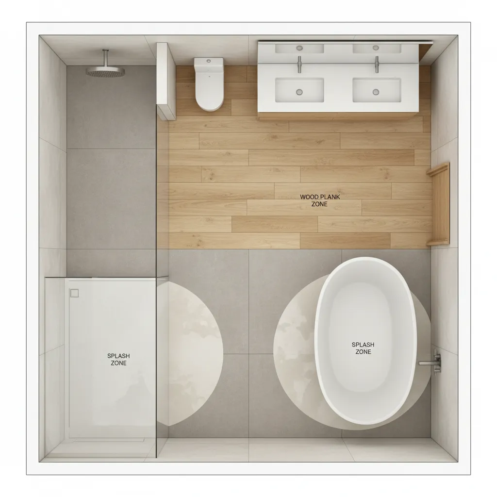 Bathroom layout showing shower splash zones and flooring areas
