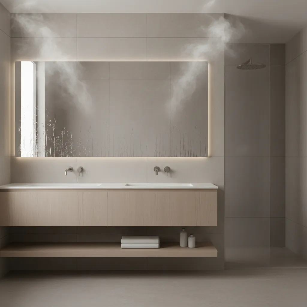 bathroom mirror fogged with steam after shower showing humidity problem