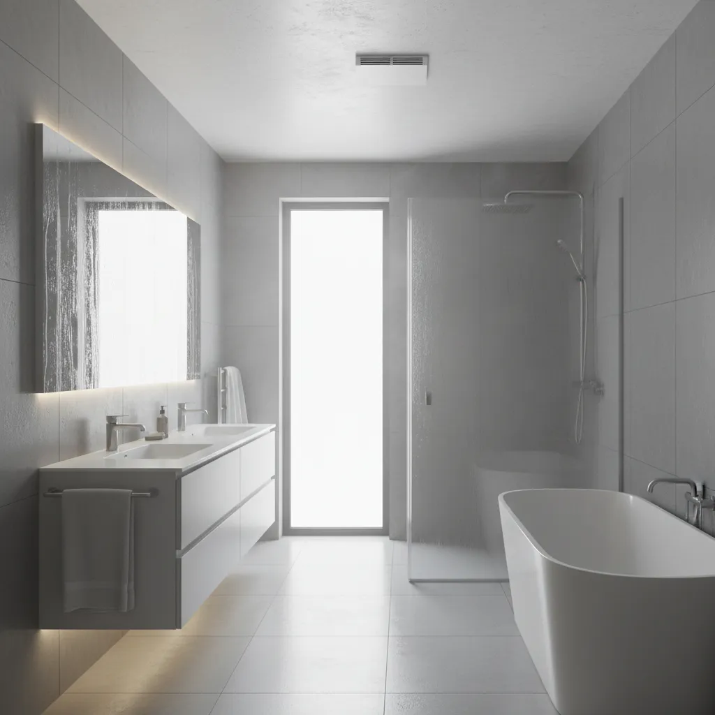 Bathroom filled with shower steam showing need for ventilation fan