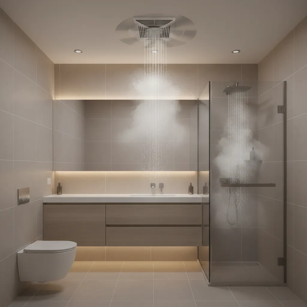 Bathroom filled with steam after shower with ventilation fan removing humidity