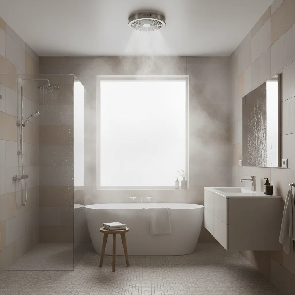 Bathroom filled with steam after hot shower showing need for proper ventilation