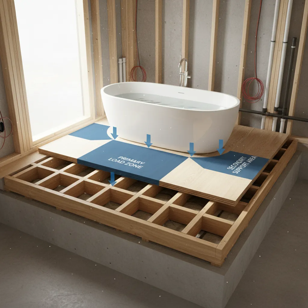 Diagram showing load distribution from a filled bathtub on bathroom floor joists