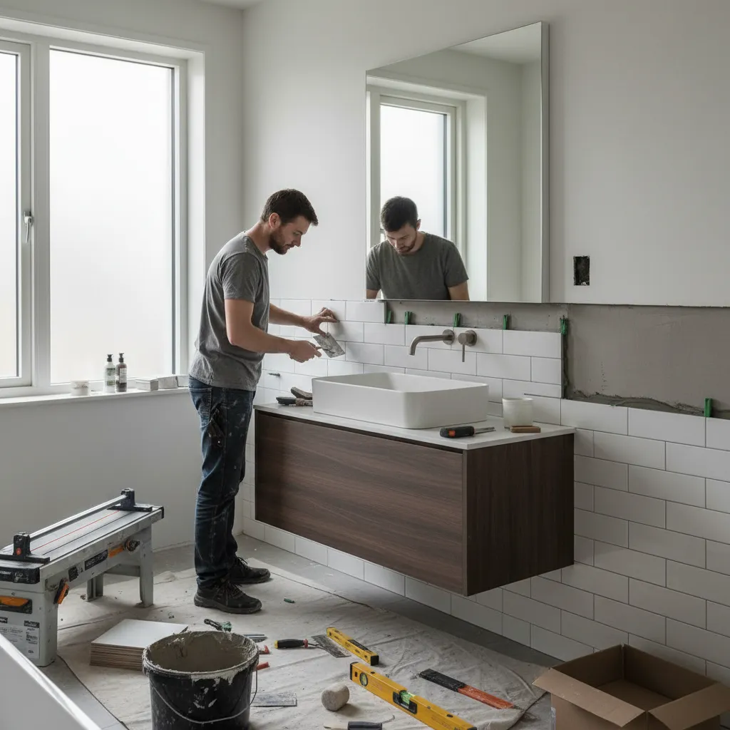 contractor installing tile in bathroom remodel project