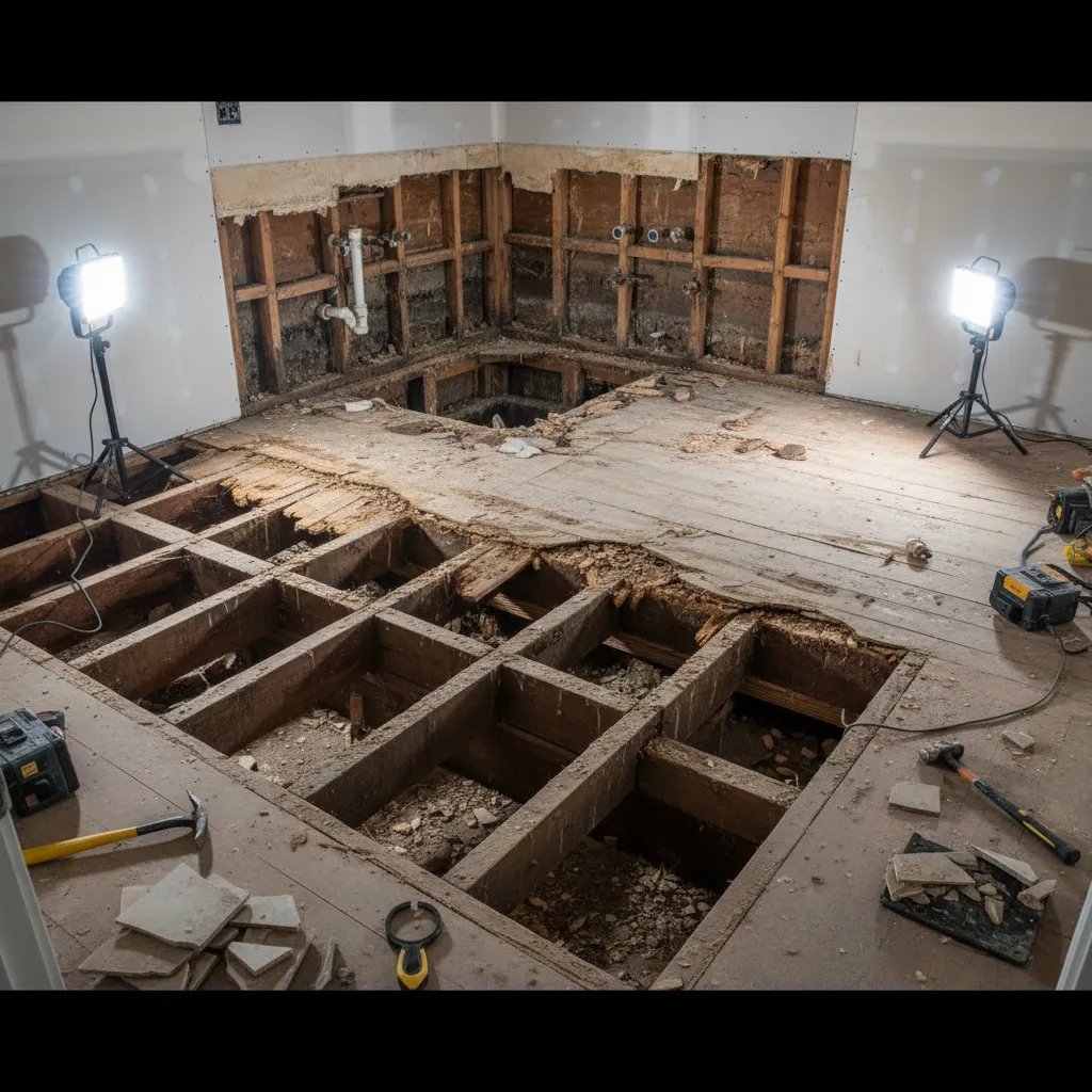 Damaged bathroom subfloor with visible water rot during renovation
